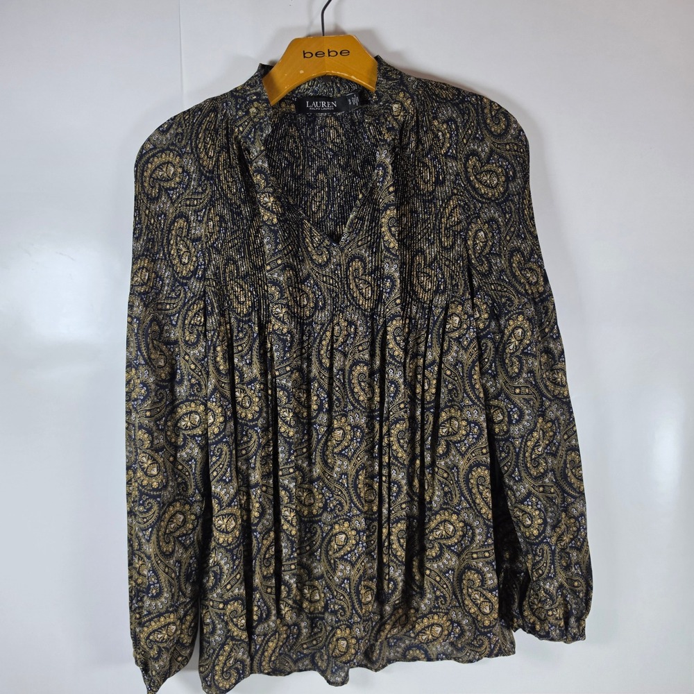 Lauren Ralph Lauren Paisley Pleated Georgette Blouse Blouson Sleeve Top SP‎